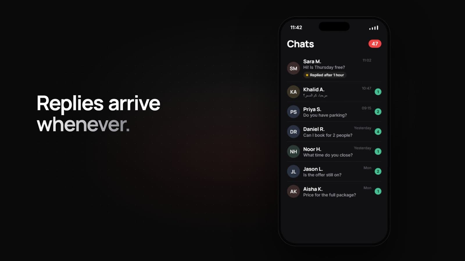 Frame from the XMA Boost film: a phone showing a list of unread WhatsApp chats.